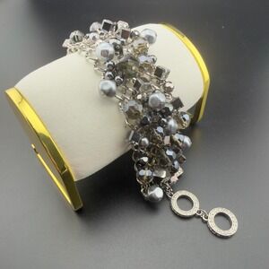 Premier Designs Grand Slam Cha-Cha Statement Bracelet Silver Tone Faux Pearl